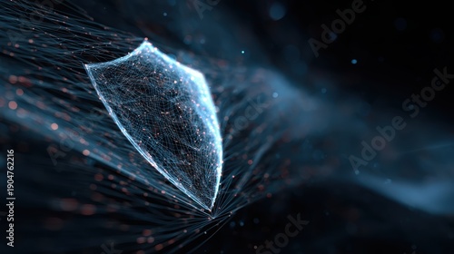 Abstract visualization of a secure shield made of light lines, cybersecurity concept