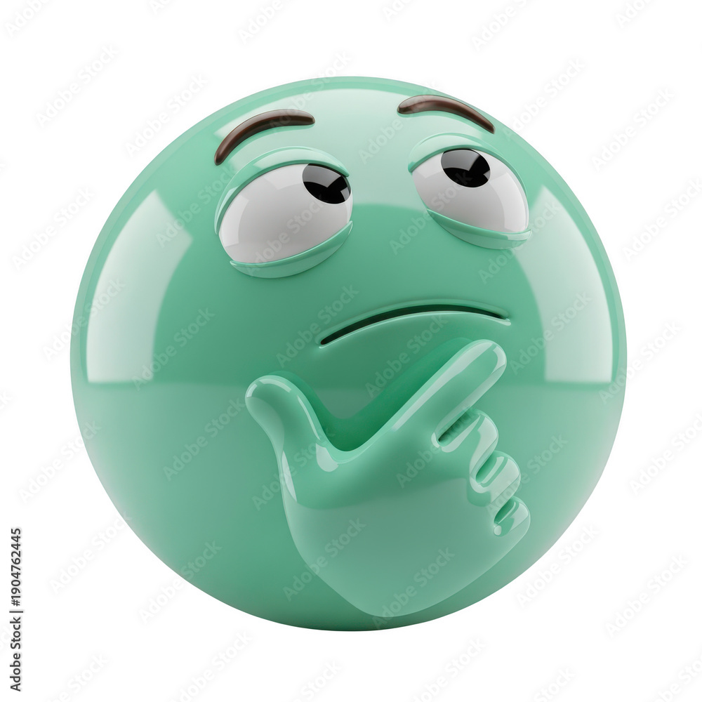 Naklejka premium Thinking emoji character in a contemplative pose with a skeptical expression and glossy green finish on transparent background