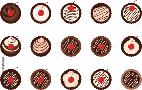 Chocolate candy assortment with cream fillings cherry toppings and drizzled sweets flat vector illustration set