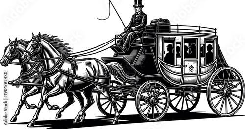 Vintage black and white engraved illustration of a classic horse-drawn stagecoach with a driver and passengers for historical transportation designs.