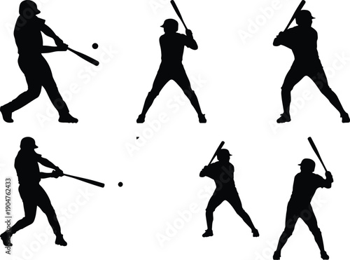 Baseball player silhouette set, batting and pitching actions