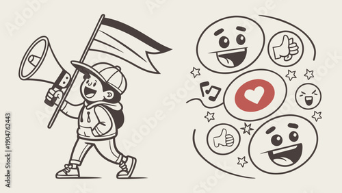 A young child walking with a megaphone and flag surrounded by social media engagement icons
