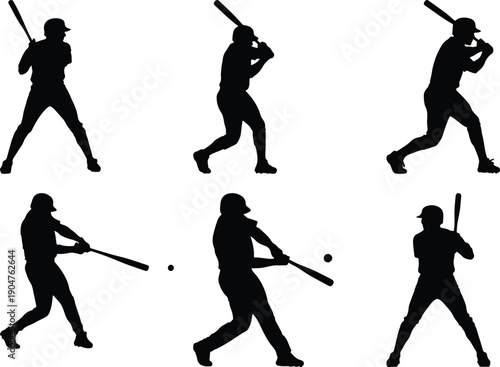 Baseball player silhouette set, hitting the ball, vector art