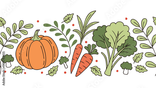Seamless horizontal border with hand drawn vegetables including pumpkin carrots and broccoli