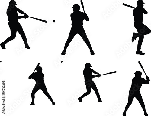 Baseball player silhouette set, various batting poses, vector art