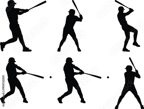 Baseball player silhouettes in action on white background