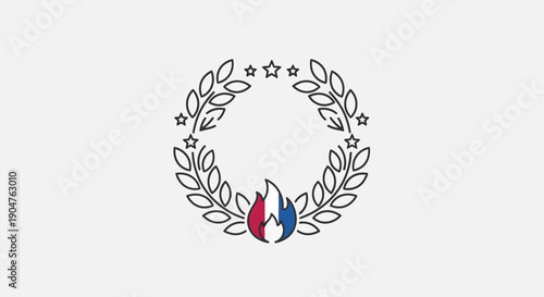 Elegant line art laurel wreath with patriotic French flame and stars symbolizing victory and pride