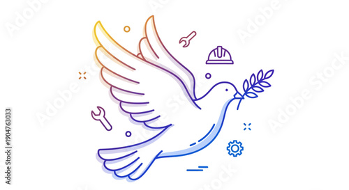 Gradient Outline Illustration of a Peace Dove with Industrial Tools and Elements Representing