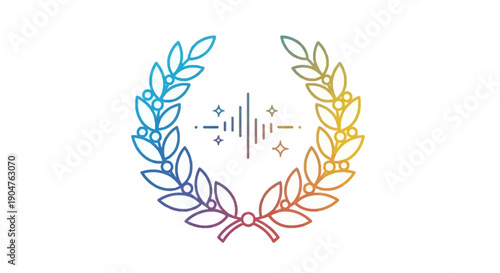 Gradient rainbow laurel wreath with sound wave audio equalizer icon for music achievement award