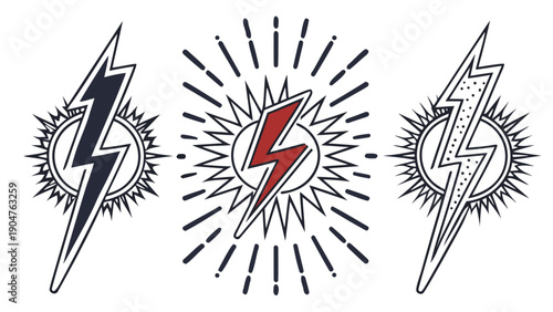 Three vintage style lightning bolt icons with rays and thorns on a plain white background