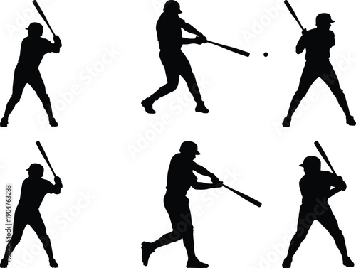 Baseball player silhouette in action, hitting a ball, vector