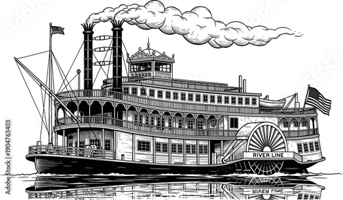 Vintage black and white illustration of a classic Mississippi river paddle steamer boat with smoke stacks and water reflection for nautical history.