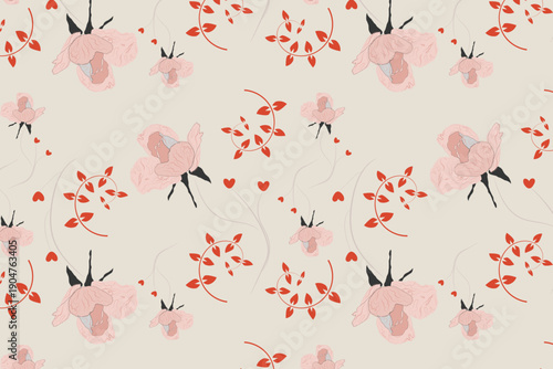 Soft watercolor floral hearts blended into a dreamy seamless pattern.