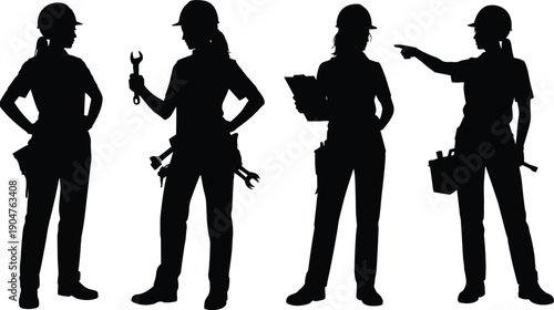 Female construction workers silhouettes vector illustration isolated on white background, professional women engineers and technicians poses set, industry workforce concept