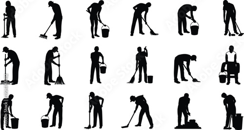 Janitor cleaning workers silhouettes collection vector illustration isolated on white background, housekeeping sanitation staff poses set, maintenance service characters bundle