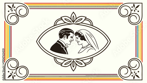 Vintage wedding illustration featuring a bride and groom in an ornate oval frame with rainbow border.