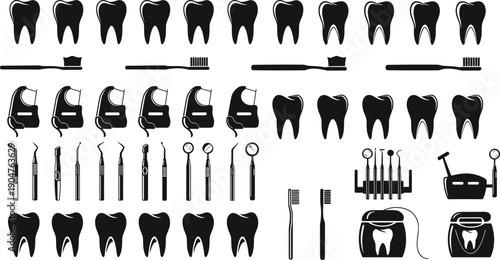 Dental Care Icon Set with Teeth Toothbrushes Floss Picks and Professional Dentist Tools for Oral Hygiene Healthcare and Stomatology Graphic Design