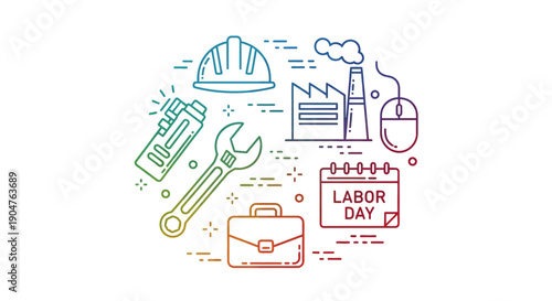 A colorful collection of diverse labor day icons representing various aspects of work and industry