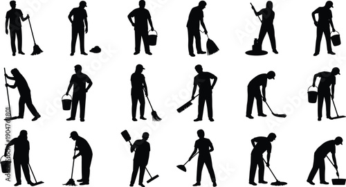 Janitor cleaning workers silhouettes set vector illustration isolated on white background, housekeeping sanitation staff poses collection, maintenance service people characters bundle