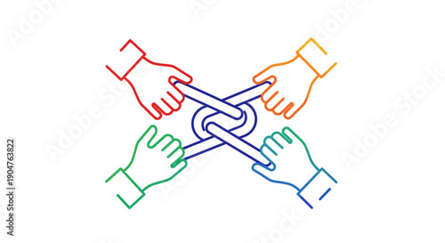 Four diverse hands working together to untangle a challenging knot representing cooperation and