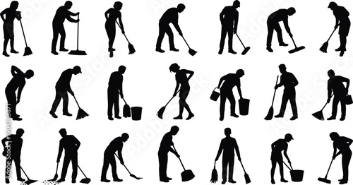 Janitor cleaning workers silhouettes set vector illustration isolated on white background, housekeeping sanitation staff poses collection, professional maintenance service workforce concept