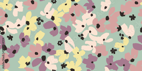 Soft, dreamy abstract floral vector pattern in muted sage, lavender, blush, cream, and pale yellow—delicate brushwork with subtle black accents, perfect for bridal stationery, luxury packaging