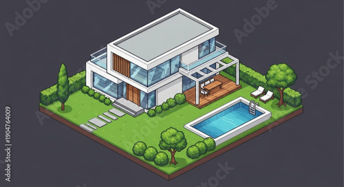 Modern Luxury House With Swimming Pool and Garden Isometric View.