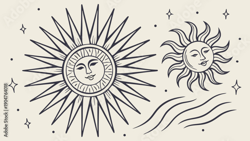 Celestial drawing of two sun figures with human faces surrounded by pointed rays and wavy lines alongside four-pointed stars on a cream background.