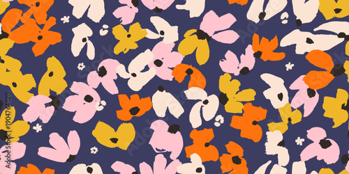 Bold, joyful abstract floral vector pattern with vibrant orange, mustard, blush, and cream blooms on a deep navy background