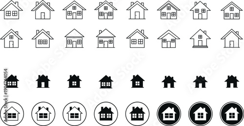 House icons set vector, home building symbols collection, real estate property signs, black outline and solid icons for web design