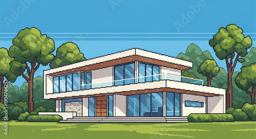 Modern Luxury House Exterior With Large Windows And Greenery.