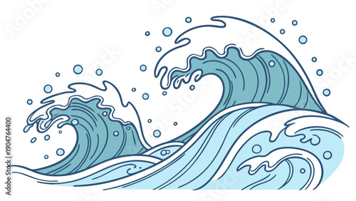 A stylized illustration of light blue ocean waves crashing with white sea foam and spray.
