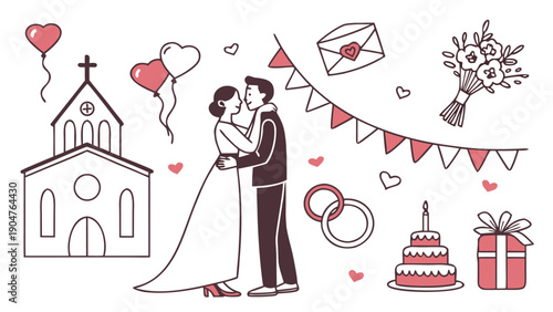 Set of wedding themed doodle illustrations featuring a couple embracing surrounded by a church, tiered cake, rings, gift, and heart icons on white.