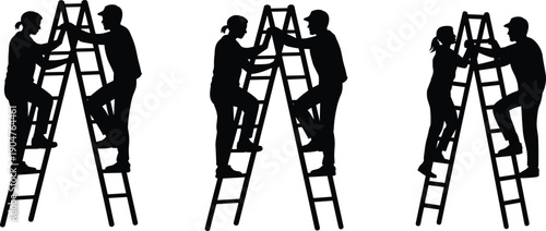 Ladder teamwork worker silhouettes set, construction maintenance collaboration concept, male and female technicians repairing equipment, workplace safety partnership vector illustration