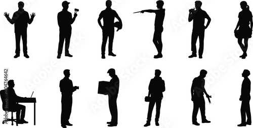 Professional workers silhouette set vector illustration isolated on white background, diverse occupation characters poses collection, business workforce people bundle, industry concept
