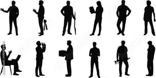 Professional people silhouettes set vector illustration isolated on white background, diverse occupation workers poses collection, business workforce characters bundle concept