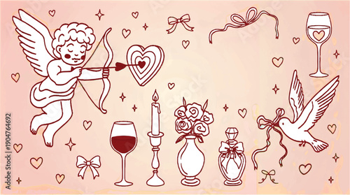 Valentines Day icons with cupid hearts wine glasses candle flowers and dove on pink background