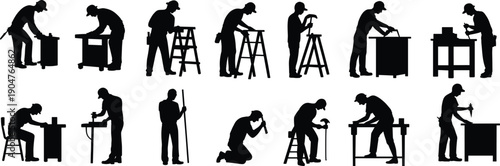 Set of carpenter worker silhouettes, woodworking furniture crafting activities, professional craftsmen using hand tools in workshop, carpentry industry vector illustration collection isolated on white