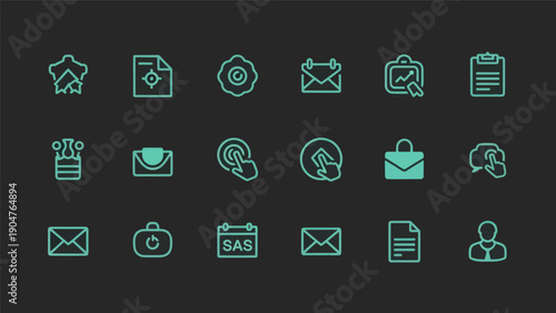 Neon icon set on black background for design and digital concepts