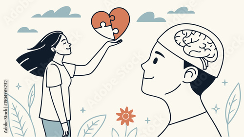 A woman holds a heart-shaped puzzle piece towards a man whose profile reveals a visible brain in this conceptual vector.