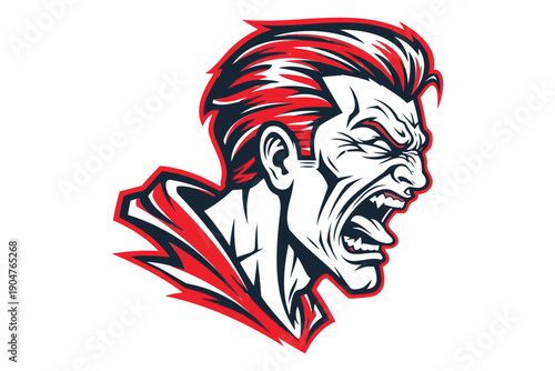 Cartoon illustration of an angry screaming man with spiky red hair and dramatic facial expression isolated design