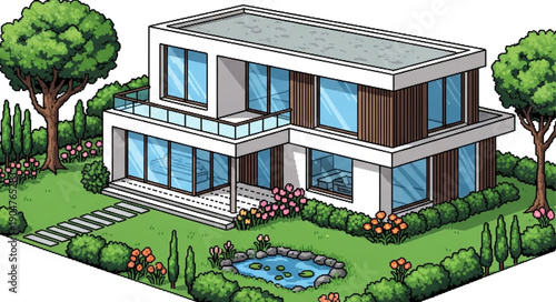 Modern Luxury House with Garden and Pond.