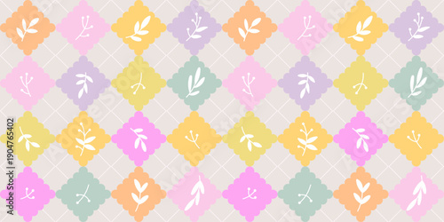 Seamless pattern with diamond shapes and cute floral details like tiny leaves and flowers on a coloful background. Sweet, gentle design with a girly feel.