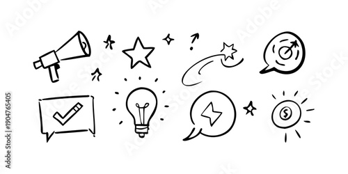 Illustrations of communication and idea sharing concepts with speech bubbles and lightbulbs Vector