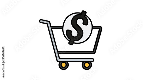 E-commerce Shopping Cart Icon with Dollar Sign Symbol. Retail Price, Money Transaction, and Cost Vector Illustration.