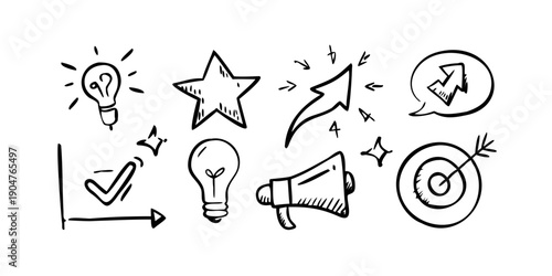 Illustrations of various icons representing ideas, announcements, and targets. Vector