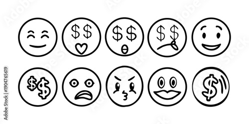 A diverse set of emoji faces expressing various emotions and symbols Vector