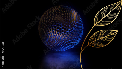 A blue and gold sphere with a leafy branch against a dark background with a cinematic lighting effect.