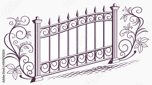 Ornate wrought iron fence section featuring decorative scrollwork and elegant floral motifs