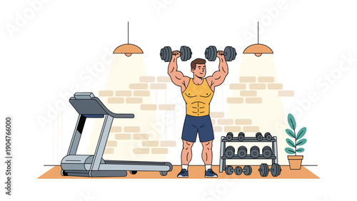 Bodybuilder performs overhead dumbbell presses in a fully equipped gym with a treadmill and weight rack behind him.